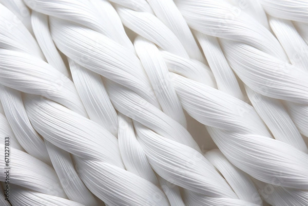 Obraz Close-up of white cotton fabric interlaced fiber macro, white synthetic cotton threads background, macro photography of white synthetic material, synthetic white fabric fibers background.
