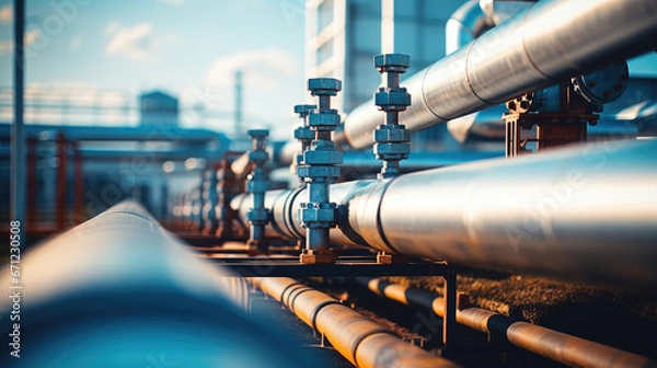 Fototapeta A large oil and gas pipeline in the midst of refining, with blurred background for added focus.