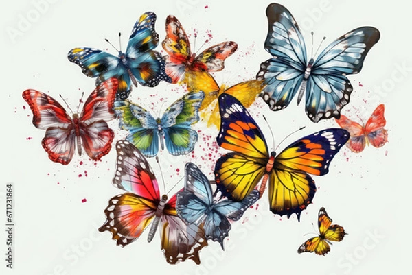 Fototapeta Watercolor drawing of a set of butterflies. Generative AI.