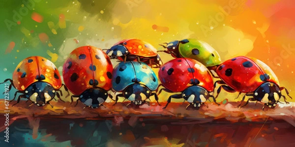 Fototapeta Watercolor drawing of a group of ladybugs - Coccinellidae. Generative AI.