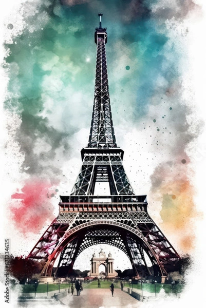 Fototapeta Watercolor drawing of the Eiffel Tower. Generative AI.