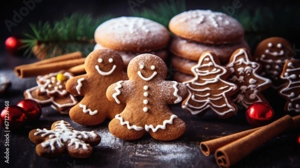 Obraz Christmas gingerbread man cookies and spices stock photo