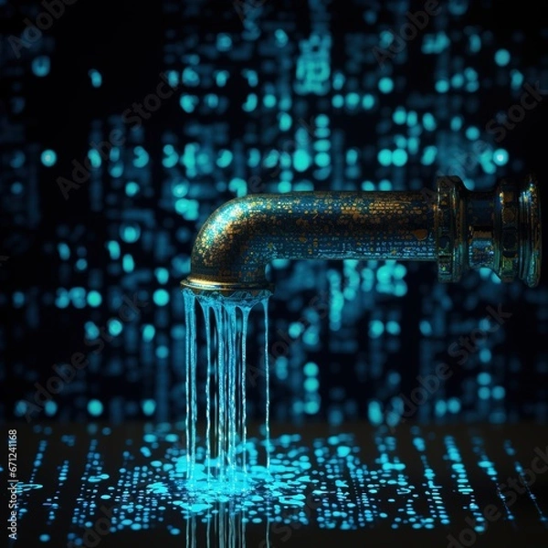 Obraz data breach or leak concept data flowing from a faucet. software code leaking. 