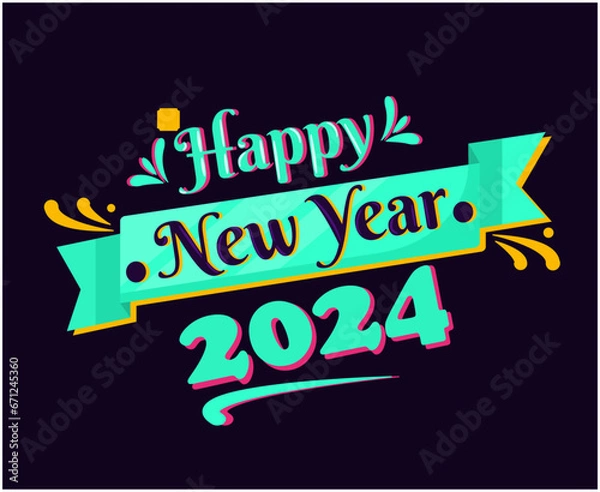 Fototapeta Happy New Year 2024 Abstract Cyan Logo Symbol Design Vector Illustration With Black Background