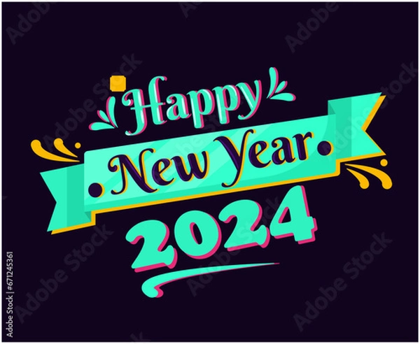 Fototapeta Happy New Year 2024 Abstract Cyan Logo Symbol Design Vector Illustration With Black Background