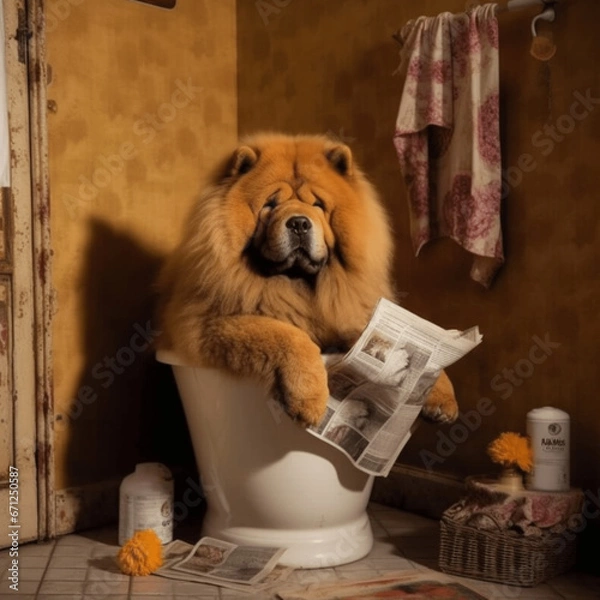 Fototapeta chow chow sitzt auf der Toilette und liest Zeitung, lustiges Hundebild