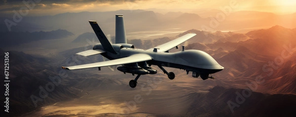 Fototapeta Military drone UAV flying over mountains on sunset