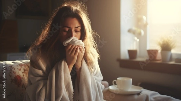 Fototapeta Image of a young woman suffering from the flu.