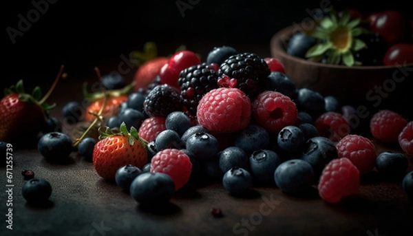 Fototapeta A rustic bowl of juicy, multi colored berry fruit refreshment generated by AI
