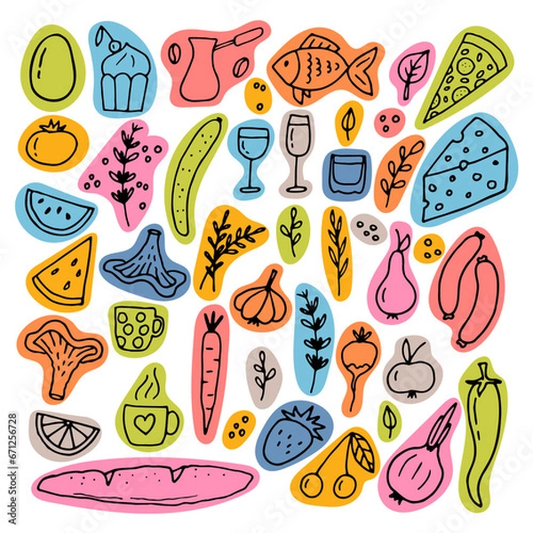 Fototapeta Hand drawn set of different food and drinks. Doodle style. Healthy food ingredients