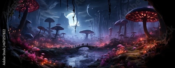 Obraz Mistyczny las ze świecącymi grzybami, księżycową nocą i eteryczną atmosferą, idealny do projektów o tematyce fantasy.