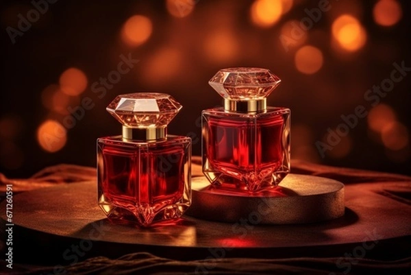 Obraz Luxurious Red Perfume Bottles on Dark Background with Glimmering Light Effects