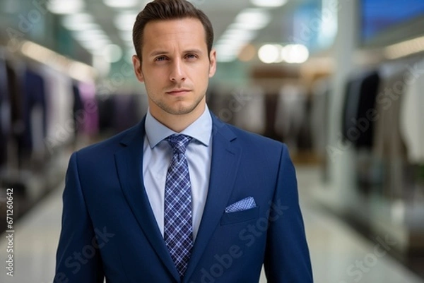 Obraz Businessman in Blue Suit: A Precisionist-Style Portrait in Tailor Shop