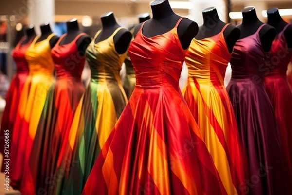 Obraz Vibrant Display of Colorful Dresses in Red and Amber Style on Mannequins