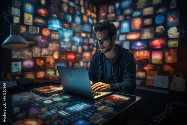 Fototapeta A visionary social media manager creates engaging content for a brand, emphasizing the role of digital marketing in contemporary business. Generative Ai.