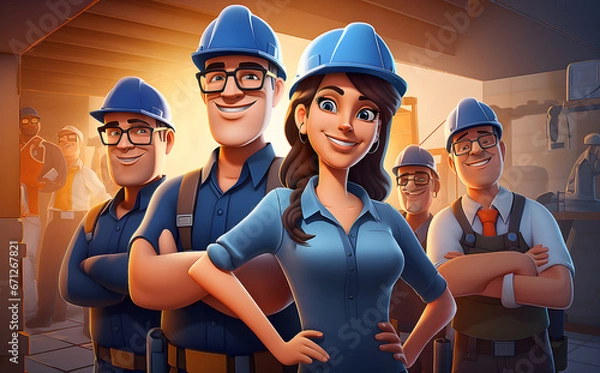 Fototapeta Group of workers in cartoon style