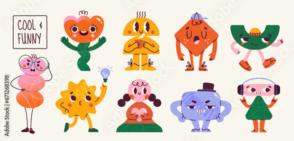Fototapeta Set of funny abstract characters. Cute geometric shapes or creatures with faces expressing different emotions and feelings. Retro stickers in groovy style. Cartoon flat vector isolated collection