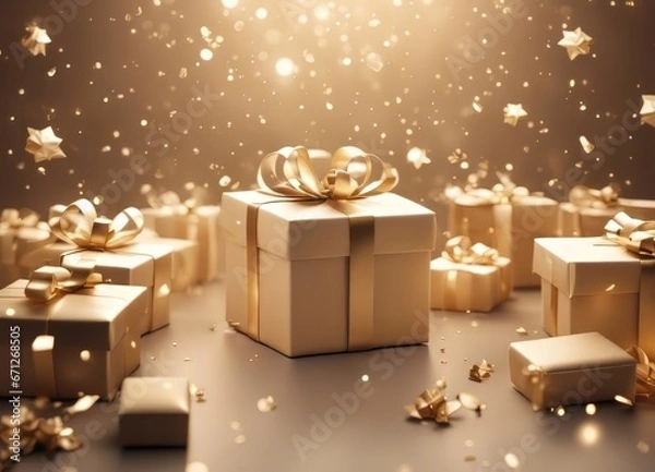 Obraz Gift box in beige color with sparkls, magic. Christmas.Happy New Year 2024