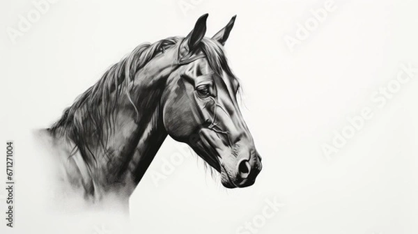 Fototapeta  a black and white drawing of a horse's head with a long mane and a black and white background.  generative ai