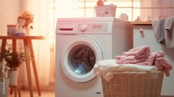 Obraz Assorted clothes, loundry housework. Copy space, webpage header.