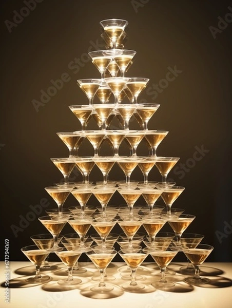 Fototapeta Tower made of glasses with champagne on dark background