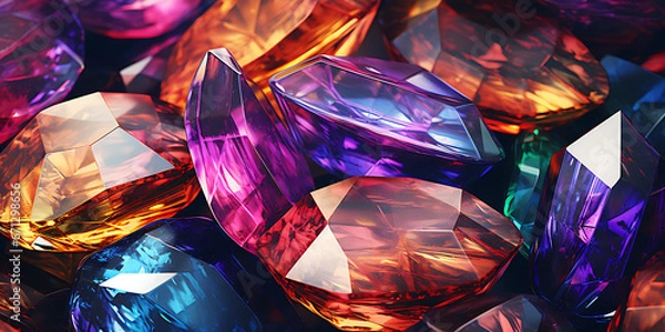 Fototapeta Seamless colorful diamond gemstones on dark jewels pattern assorted diamonds rubies emeralds digital illustration, Close up view of colorful diamond on blurry effect 