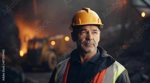 Fototapeta Master of Construction: Senior Engineer with Tablet Amidst Heavy Machinery. Generative ai