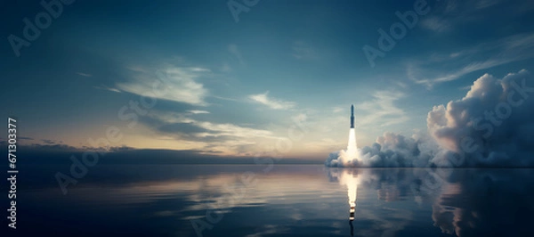 Obraz Rocket launch over water at dawn: spaceship taking off with full propulsion and immense fire, producing huge clouds of smoke, copy space