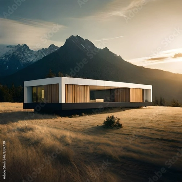 Fototapeta minimalist house in the mountains with beautiful view