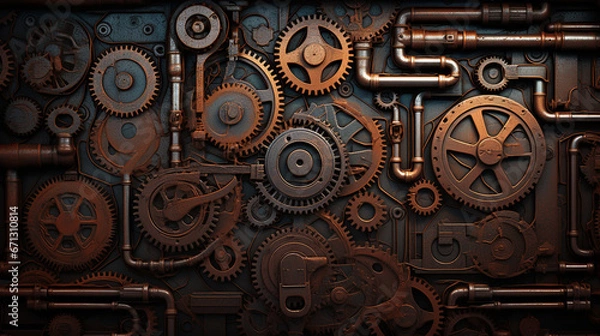 Fototapeta Intricate Steampunk cogwheels and rusty gears blend history with innovation, creating a captivating fusion of art and engineering