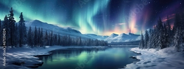 Obraz winter fairytale night atmosphere. beautiful northern lights in the sky. mysterious wildlife.