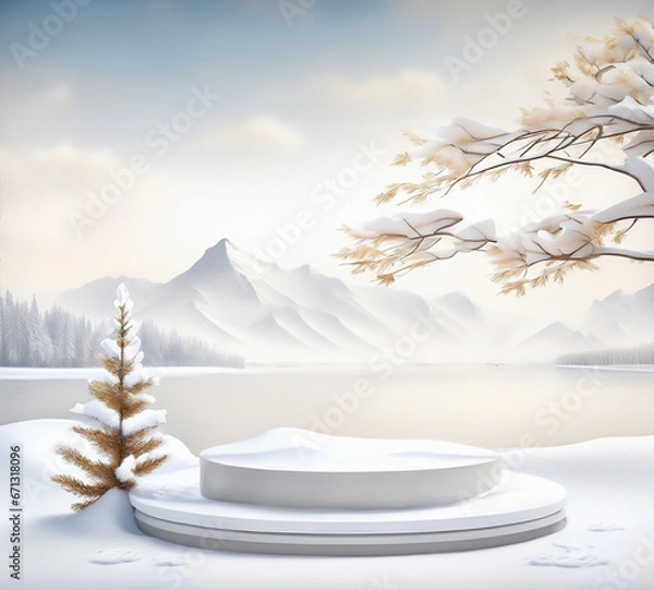 Fototapeta Empty podium with snowy trees and nature landscape. Calm and elegant winter atmosphere. Mockup for product presentation, branding, packaging, marketing, web, banner, editorial, printed matter.