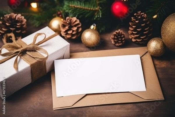 Obraz Christmas greeting card in Christmas elements background. AI generative