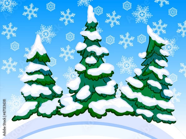 Fototapeta Cartoon image of three snowy conifers with snowflakes