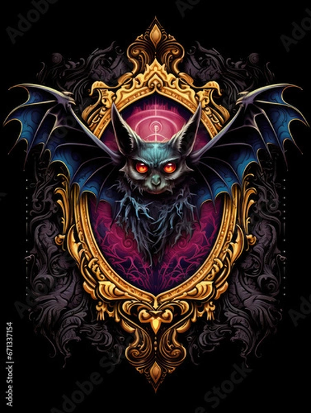 Fototapeta illustration design of a bat with ornament on the black background AI Generative