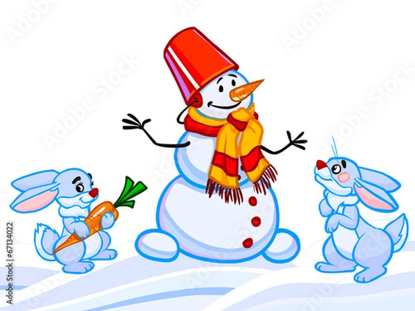 Fototapeta The cartoon illustration of a snowman and two rabbits and snowfl