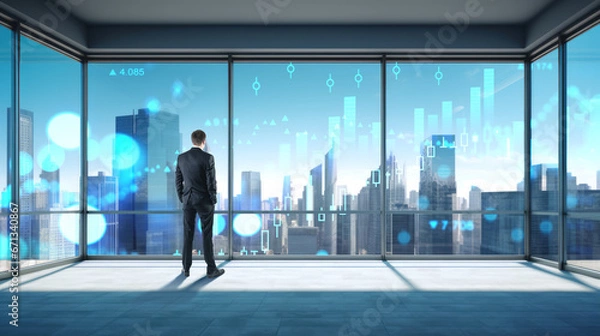 Fototapeta Businessman near panoramic window and cityscape, forex chart and candlesticks. Ai generative