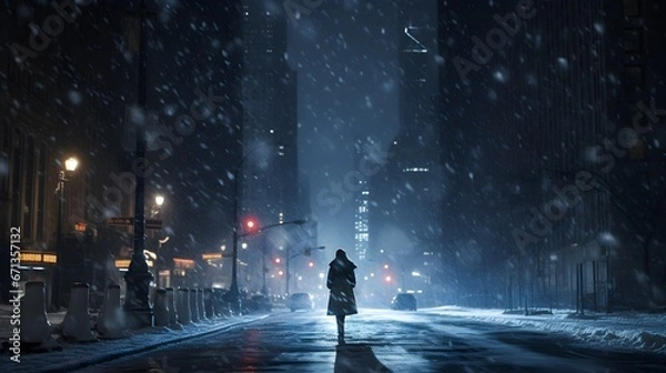 Obraz Solitary Figure Amidst Manhattan Snowfall: An Enchanting Evening