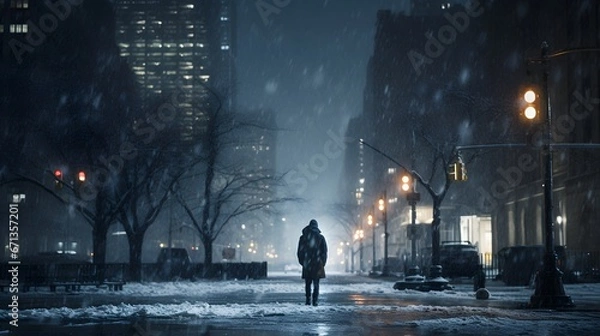Obraz Solitary Figure Amidst Manhattan Snowfall: An Enchanting Evening
