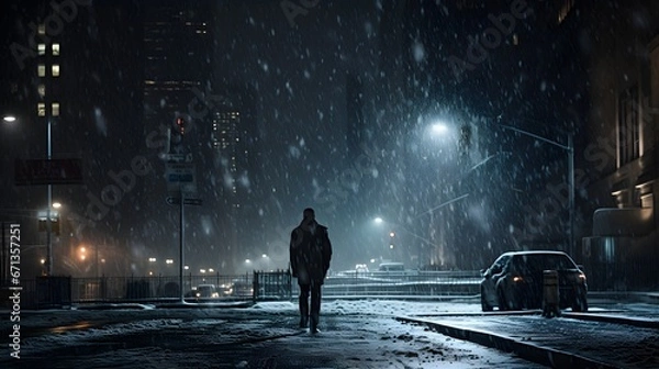 Obraz Solitary Figure Amidst Manhattan Snowfall: An Enchanting Evening