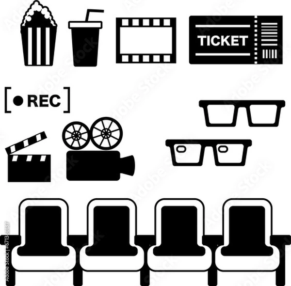 Obraz いろいろな映画館関連のかわいいイラストセット