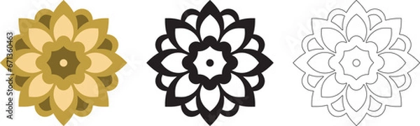 Obraz Mandala Pattern Designs in three different styles, floral mandal indian style black and white, colored and outlined vector illustration on white background, hand drawn indian traditional and cultural