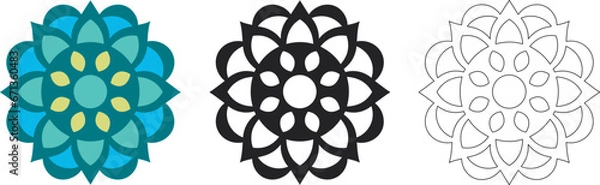 Obraz Mandala Pattern Designs in three different styles, floral mandal indian style black and white, colored and outlined vector illustration on white background, hand drawn indian traditional and cultural