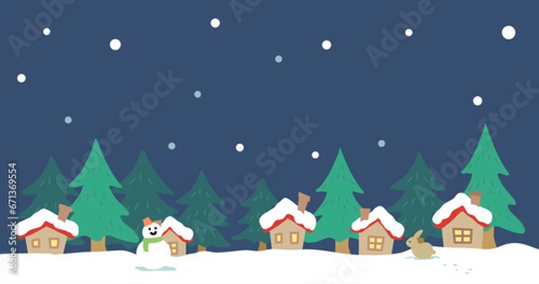 Fototapeta 冬の夜の雪原と家と雪だるま