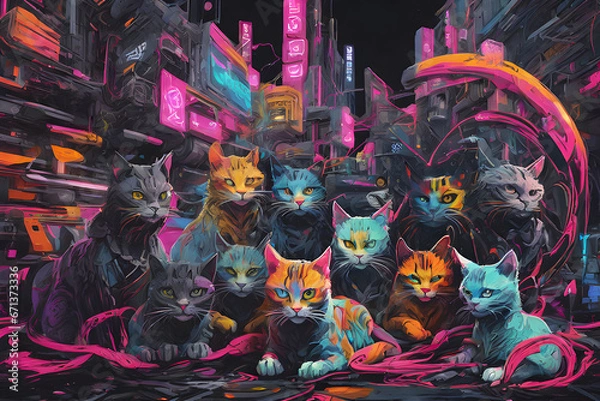 Obraz Sci-fi action of unknown cats. Generative AI.