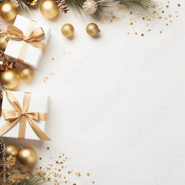 Obraz Christmas and New year elements with empty frame, tree branches, gift, confetti for Christmas party backdrop and card background, Generative AI.