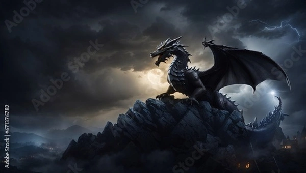 Fototapeta solitary dragon soaring through a stormy, moonlit sky, casting a menacing shadow over a medieval village