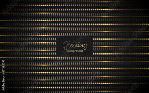 Obraz Dark background with glowing golden light bulbs and stripes. Vector illustration