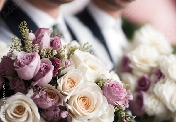Obraz Two grooms, one love: A close-up of a wedding bouquet symbolizing equality and partnership, set against a blurred background.