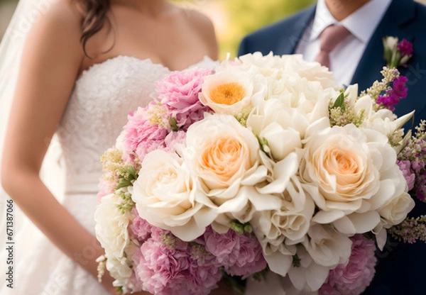 Obraz Immerse yourself in the romance of a wedding day with this captivating image, where the bride's hands lovingly cradle a beautifully detailed bouquet, the soft-focus background enhancing the floral mas